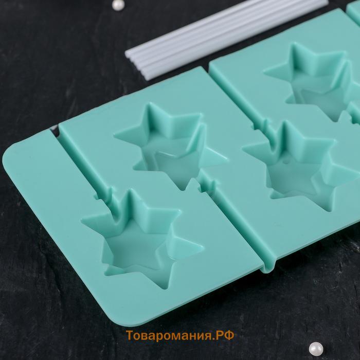 Форма для леденцов новогодний  «Звёзды», силикон, 24×11×1 см, 6 ячеек (5.2×4 см), с палочками, МИКС