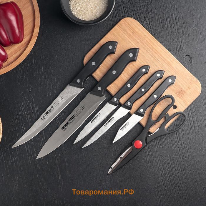 Набор ножей кухонных на подставке , 6 предметов: ножи 8 см, 11 см, 13 см, 19 см, 20 см, ножницы, чёрный
