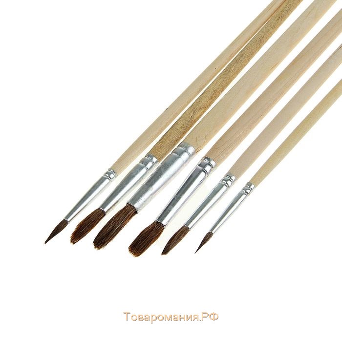 Набор кистей пони 6 штук (круглые:№ 2, 4, 6, 8, 10, 12), с деревянными ручками, на блистере