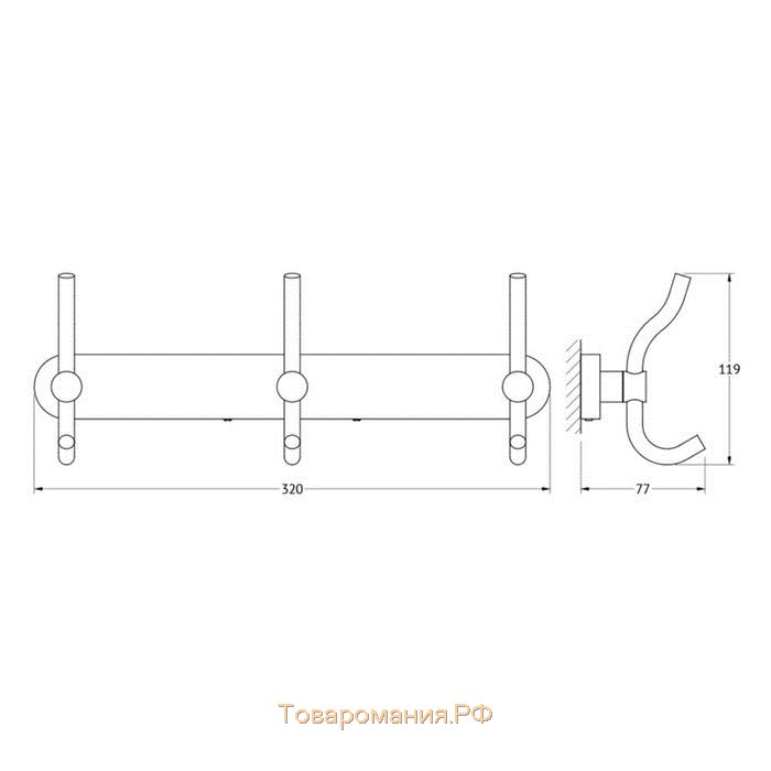 Планка с тремя крючками-вешалками 32 см, хром, ARTWELLE