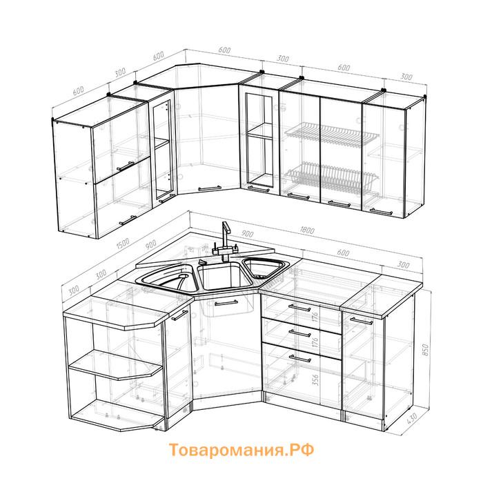 Кухонный гарнитур «Алина оптима», 1500×1800 мм,, цвет белый/пайн белый