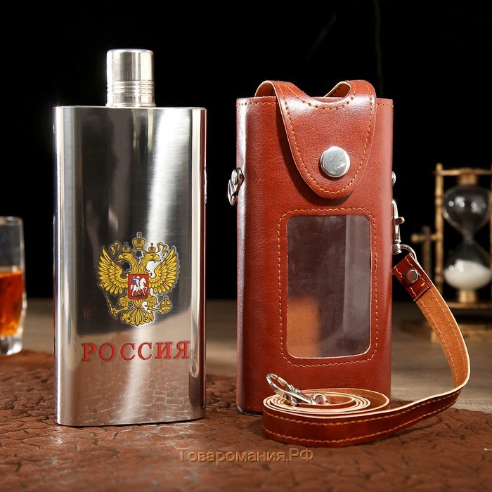 Фляжка для алкоголя "Россия", нержавеющая сталь, чехол, подарочная, 330 мл