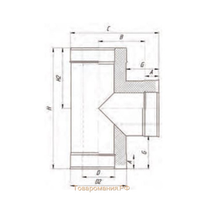 Сэндвич-Тройник 90°, d 180 × 260 мм, нерж/оцинк, 0.5 мм/0.5 мм