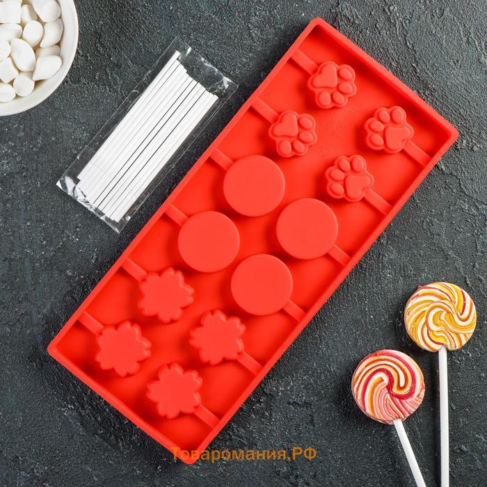 Форма для леденцов  «Вкусная сладость», силикон, 26.5×11.5 см, 12 ячеек (d=3.5 см), с палочками, МИКС