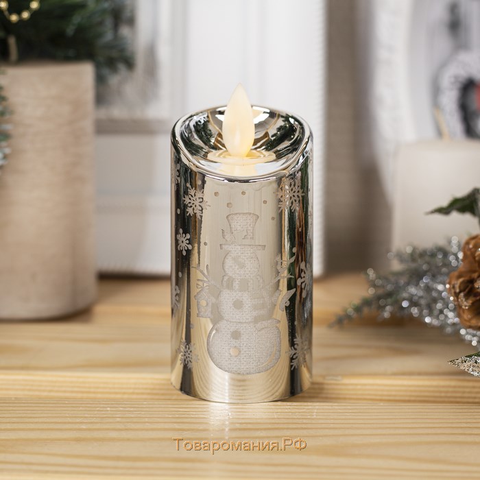 Светодиодная фигура «Серебристая свеча со снеговиком» 5 × 9 × 5 см, пластик, батарейки AG13х3, свечение тёплое белое