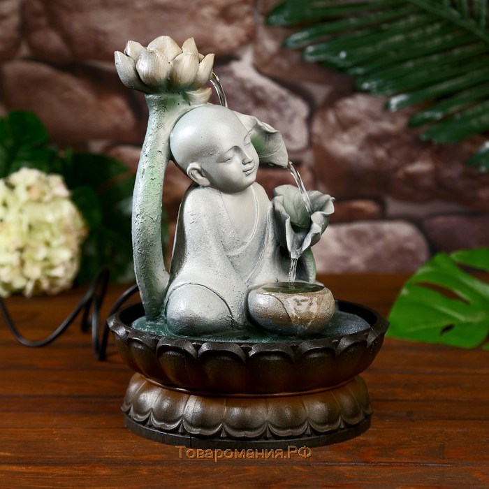 Фонтан настольный от сети, подсветка "Маленький будда с лотосом" серый 29х20х20 см