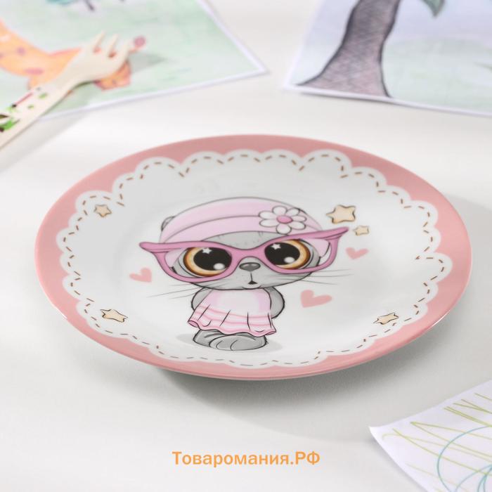 Детская тарелка  «Котик», d=17.5 см, керамика, белая