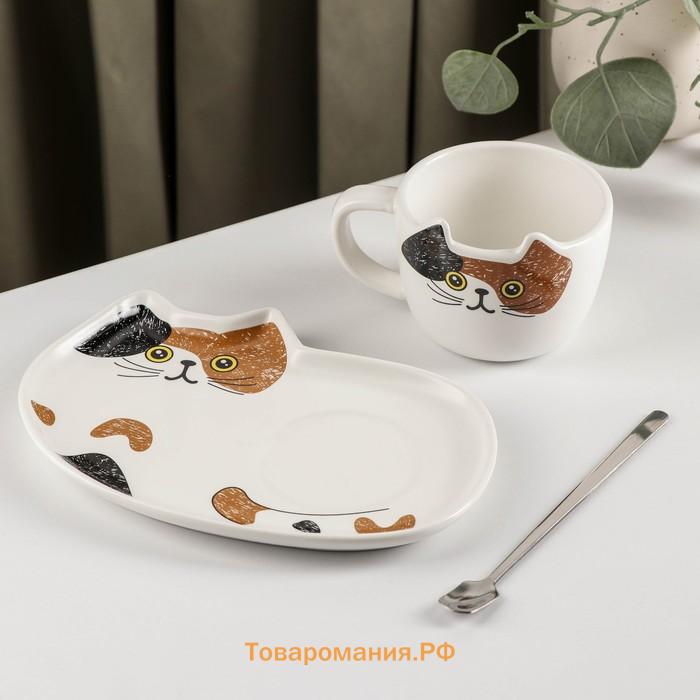 Чайная пара «Котик», 3 предмета: чашка 200 мл, блюдце 18.5×13.5 см, ложка, керамика