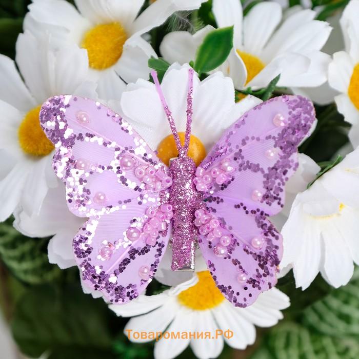 Бабочки для декора и флористики, на прищепке, пластиковые, фиолетовые, микс, 5 см и 8 см