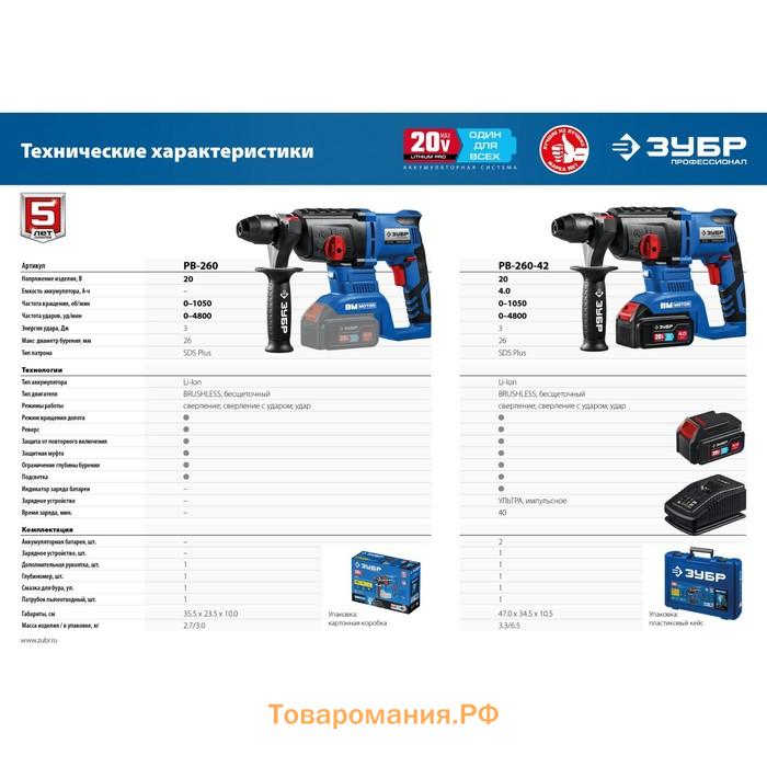 Перфоратор аккум. ЗУБР PB-260, 20 В, 1050 об/мин, 4800 уд/мин, SDS+, коробка, БЕЗ ЗУ и АКБ