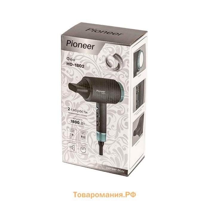 Фен Pioneer HD-1802, 1800 Вт, 2 скорости, 3 температурных режима, чёрно-бирюзовый