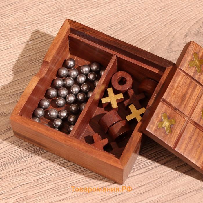 Игра настольная 2 в 1, крестики-нолики, солитёр, 11.5×11.5×5 см, дерево шишам