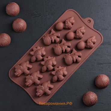 Форма для шоколада  «Дино», силикон, 21×11×2 см, 12 ячеек (4×2.5×2 см), коричневая