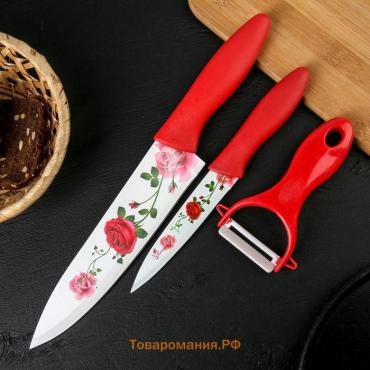 Набор кухонных принадлежностей  «Нарцисс», 3 предмета: 2 ножа с антиналипающим покрытием, лезвие 12 см, овощечистка, 20×4 см, красный