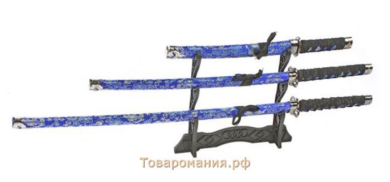 Сув. изделие катаны 3в1 на подставке, ножны ткань, драконы золото на синем 47/70/89см