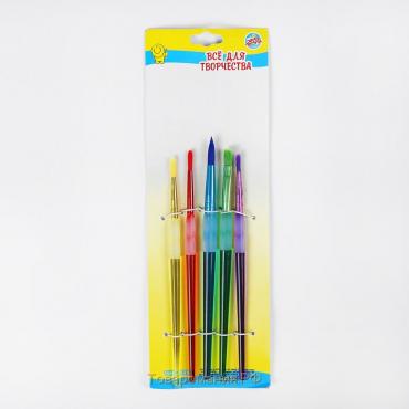 Набор кистей нейлон 5 штук, круглые, с цветными ручками, с резиновыми держателями