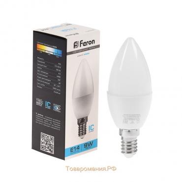 Лампа светодиодная FERON, C37, 9 Вт, E14, 840 Лм, 6400 К, 200°, 100х37, холодный белый
