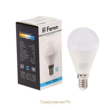 Лампа светодиодная FERON, G45, 11 Вт, E14, 955 Лм, 6400 К, 220°, 92х45, холодный белый