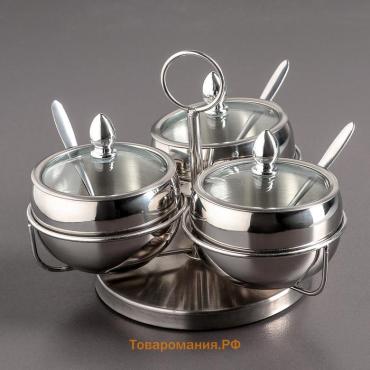 Сахарницы из нержавеющей стали, 340 мл, 19×14 см, на крутящейся подставке с ложками, набор 3 шт.
