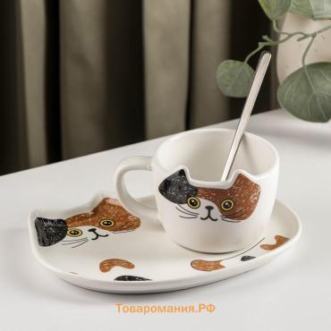Чайная пара «Котик», 3 предмета: чашка 200 мл, блюдце 18.5×13.5 см, ложка, керамика