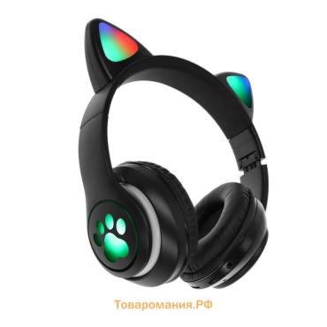 Наушники беспроводные, с ушками кошки, MYBIT W-32, Bluetooth 5.0, с микрофоном, AUX, microSD, MP3, 400 мАч, чёрные
